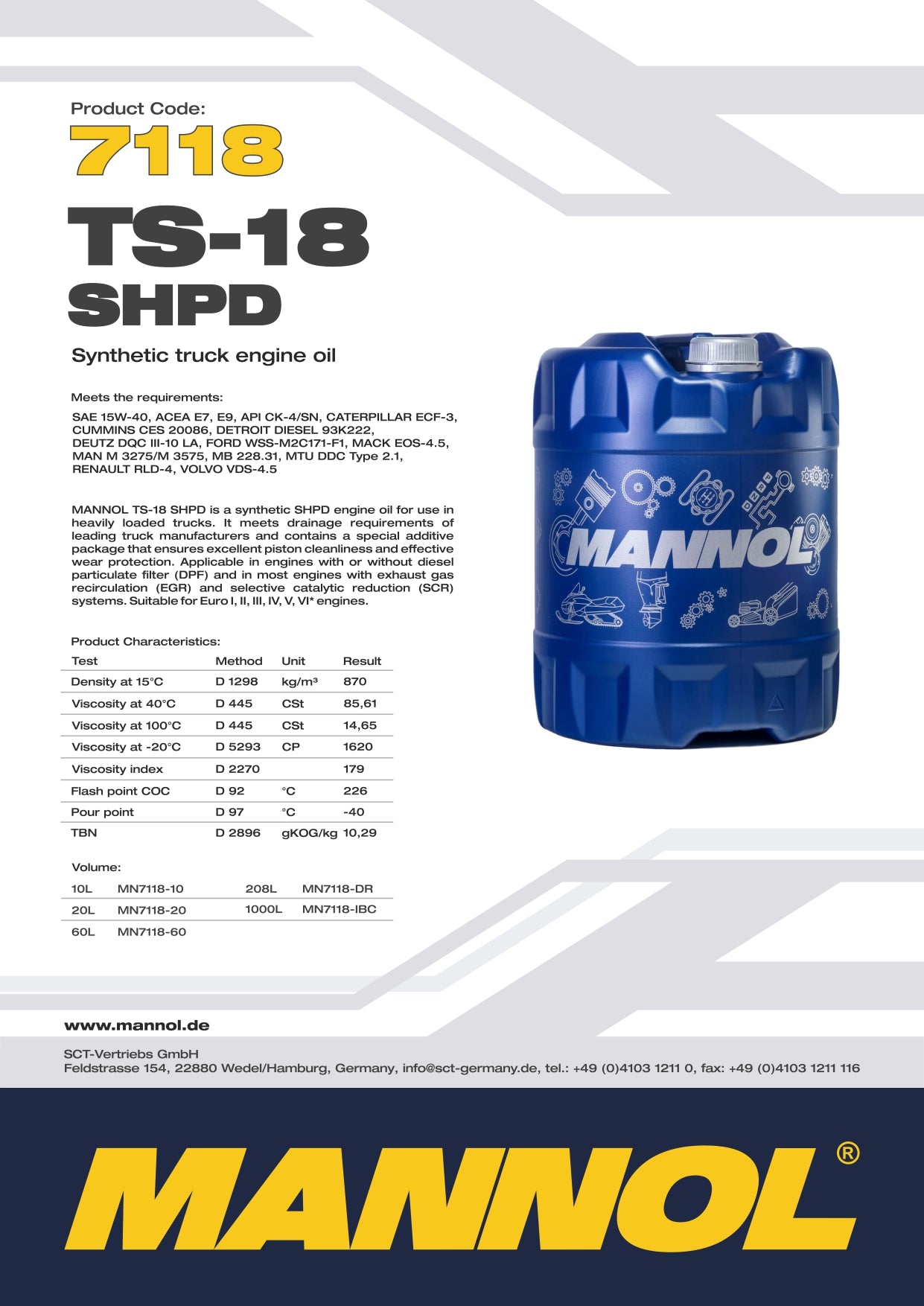 MANNOL TS-18 15W-40 CK4 Engine Oil E7 E9 UHPD 7118