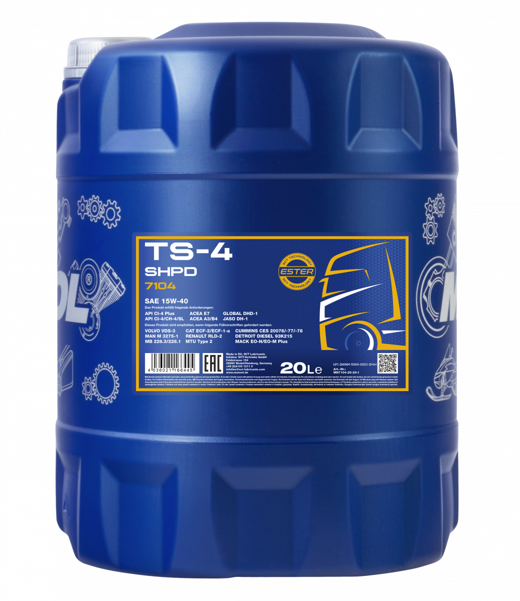 Mannol TS4 SHPD Engine Oil E7 A Premium Fully Synthetic TS4 E7 15W40 UHPD LOW SAPS E7 Volvo Scania Mercedes DAF Cummins JCB Mannol Fanfaro Engine Oil Fluid front packet