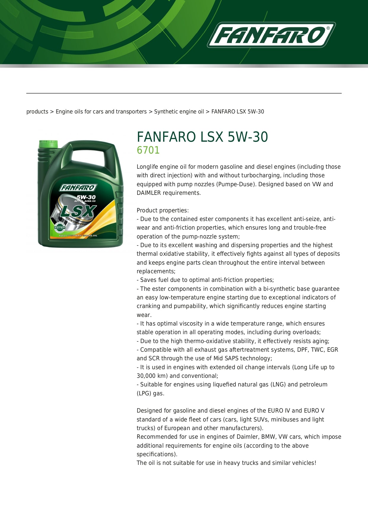Fanfaro LSX 5W30 Engine Oil VW 504 507