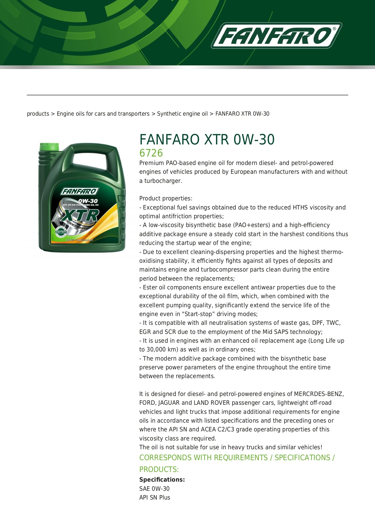 Fanfaro Engine Oil 0W30 XTR C2/C3