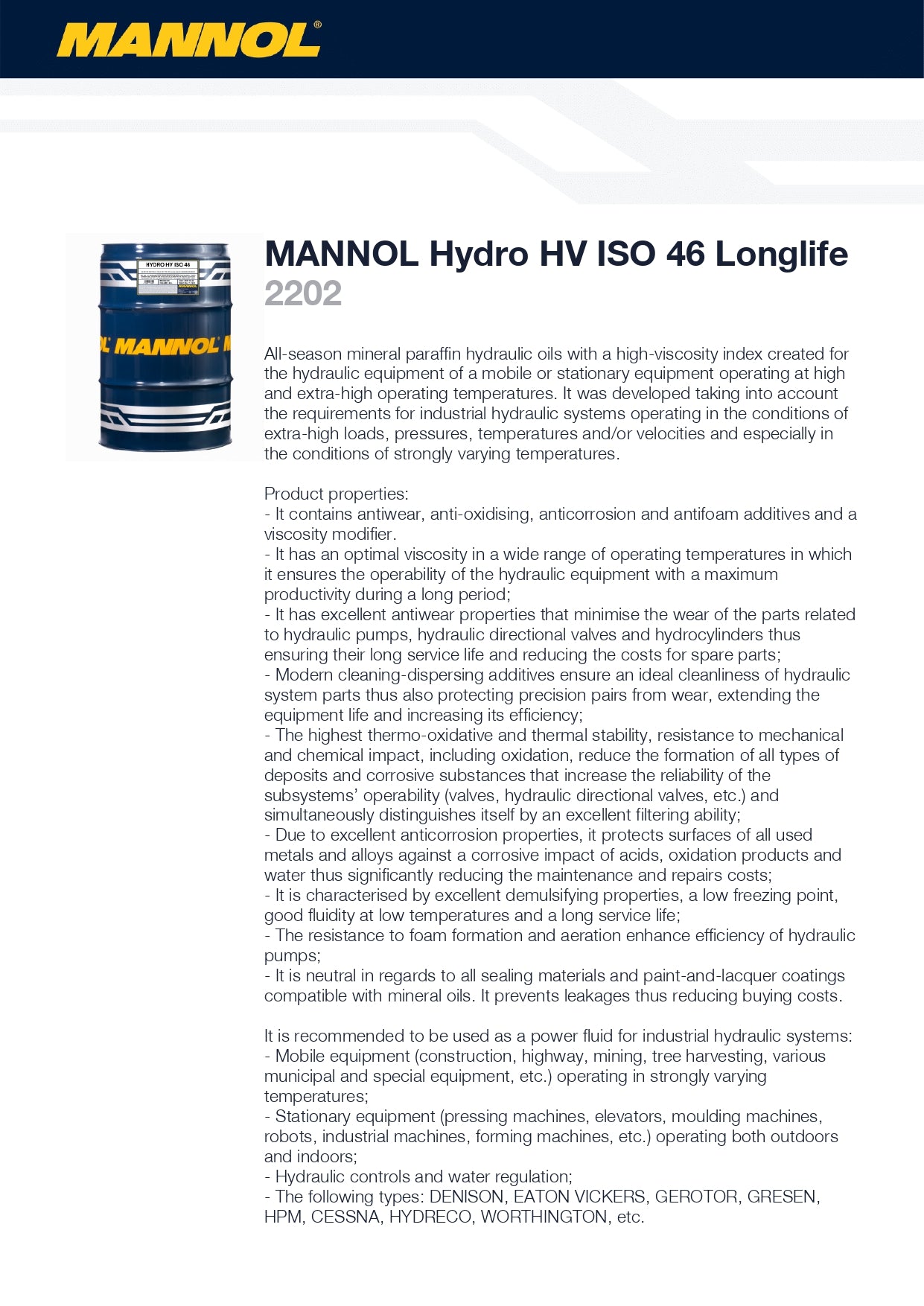 MANNOL Hydro HV ISO 32 / 46 / 68 Longlife 2202