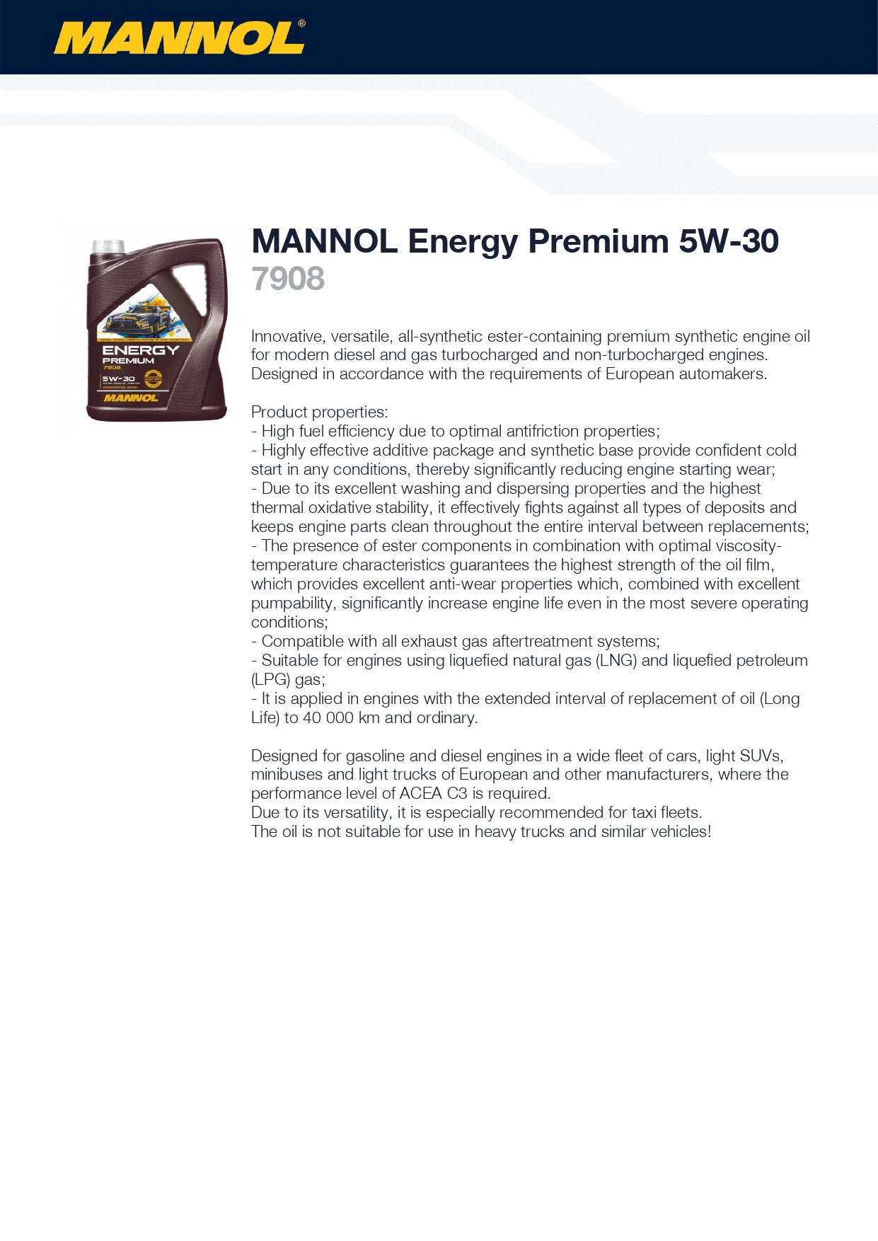 Mannol Energy Premium 5W30 C3 Fully Synthetic Engine Oil