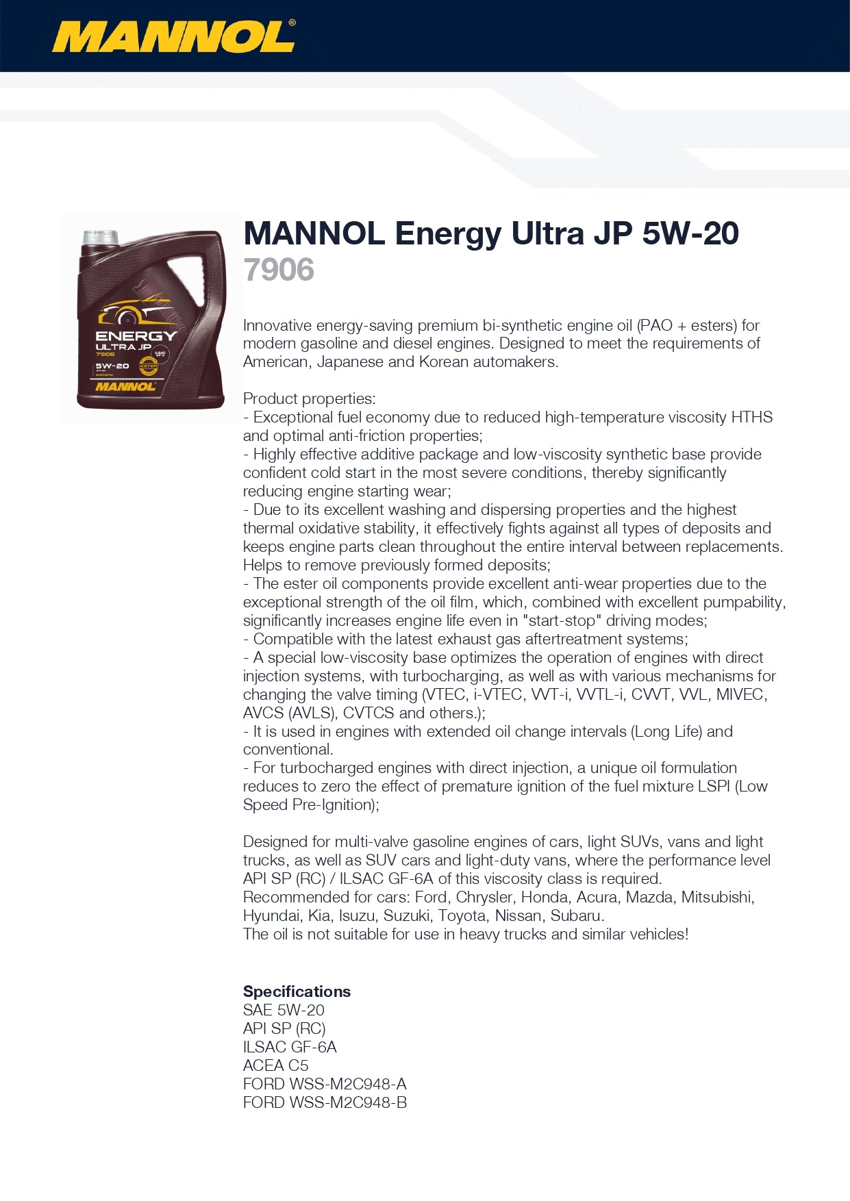 MANNOL Energy Ultra JP 5W-20 Engine Oil