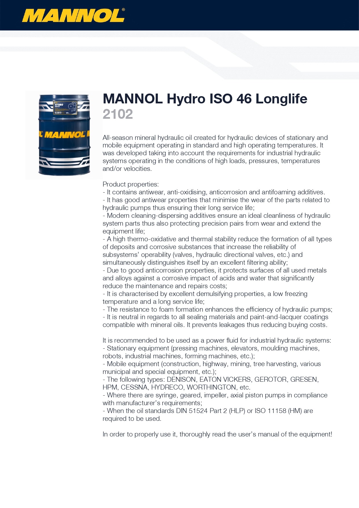 MANNOL Hydro 32 / 46 / 68 Longlife Hydraulic Oil