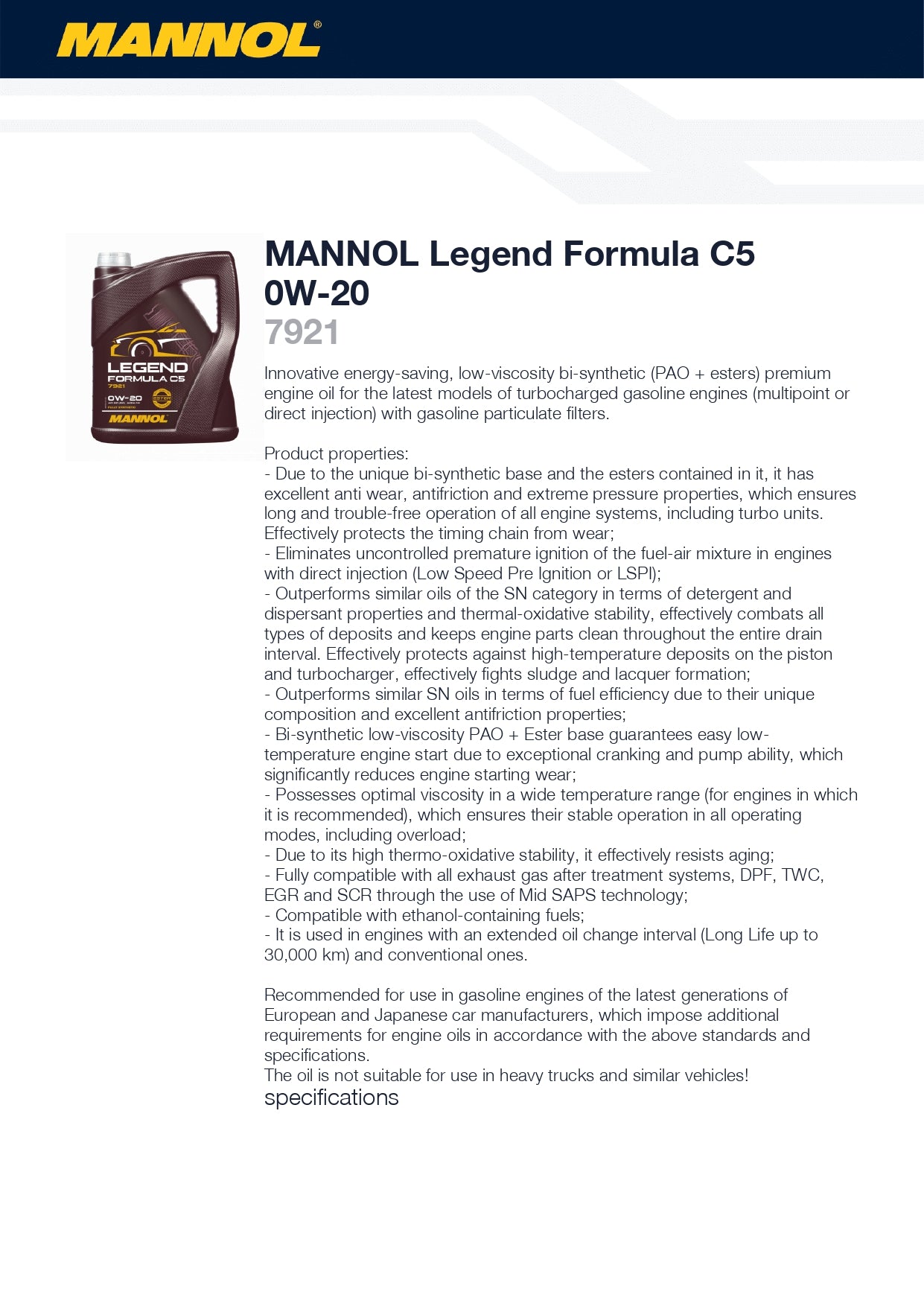 MANNOL Legend Formula C5 0W-20 Engine Oil