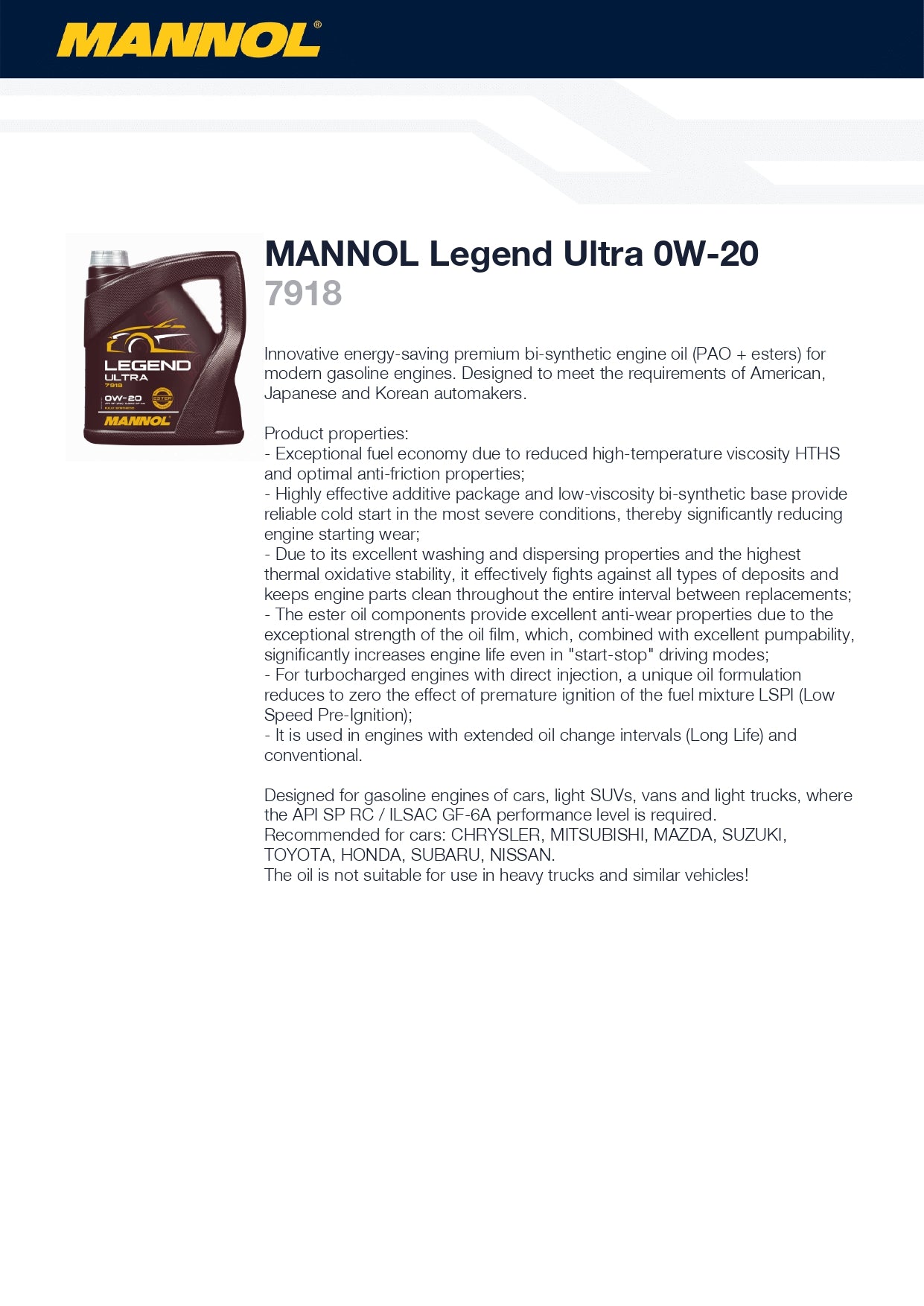 MANNOL Legend Ultra 0W-20 Engine Oil