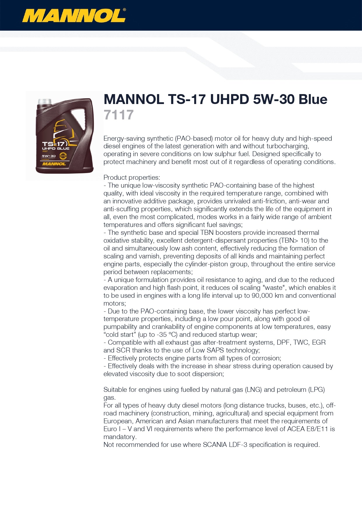 MANNOL TS-17 UHPD 5W-30 Fully Synthetic Blue Approved Engine Oil