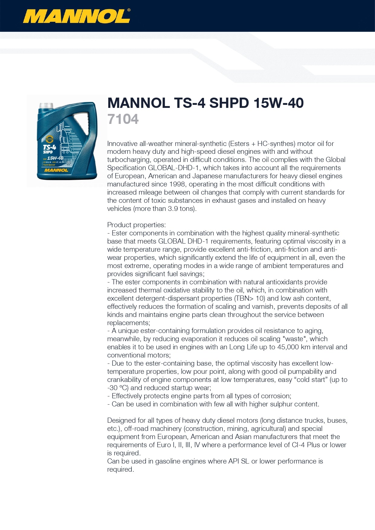 MANNOL TS-4 SHPD 15W-40 E7 SHPD