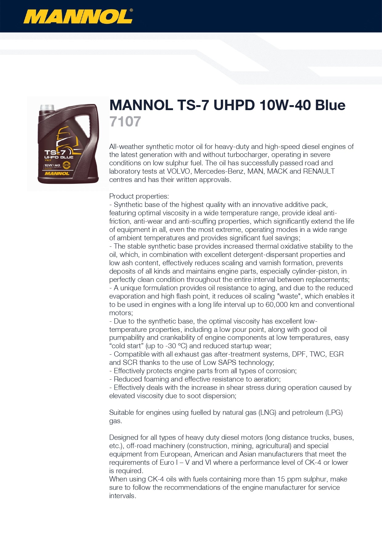 MANNOL TS-7 UHPD 10W-40 Fully Synthetic Blue Approved Engine Oil E8/E11 (Previously E6/E9)