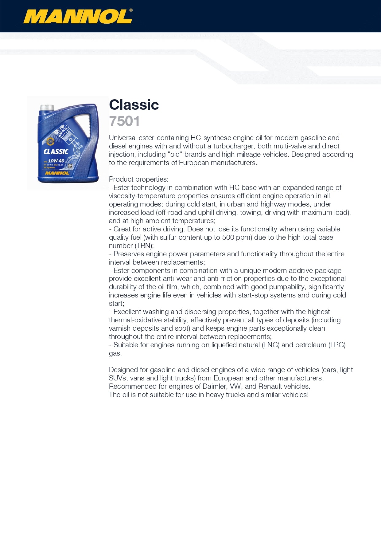MANNOL Classic 10W-40 Semi Synthetic Engine Oil 7501